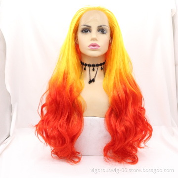 Vigorous Light Red Ombre Yellow Roots Lace Front Wigs with baby hair Pre Plucked for Women Long Body Wave Straight Wig